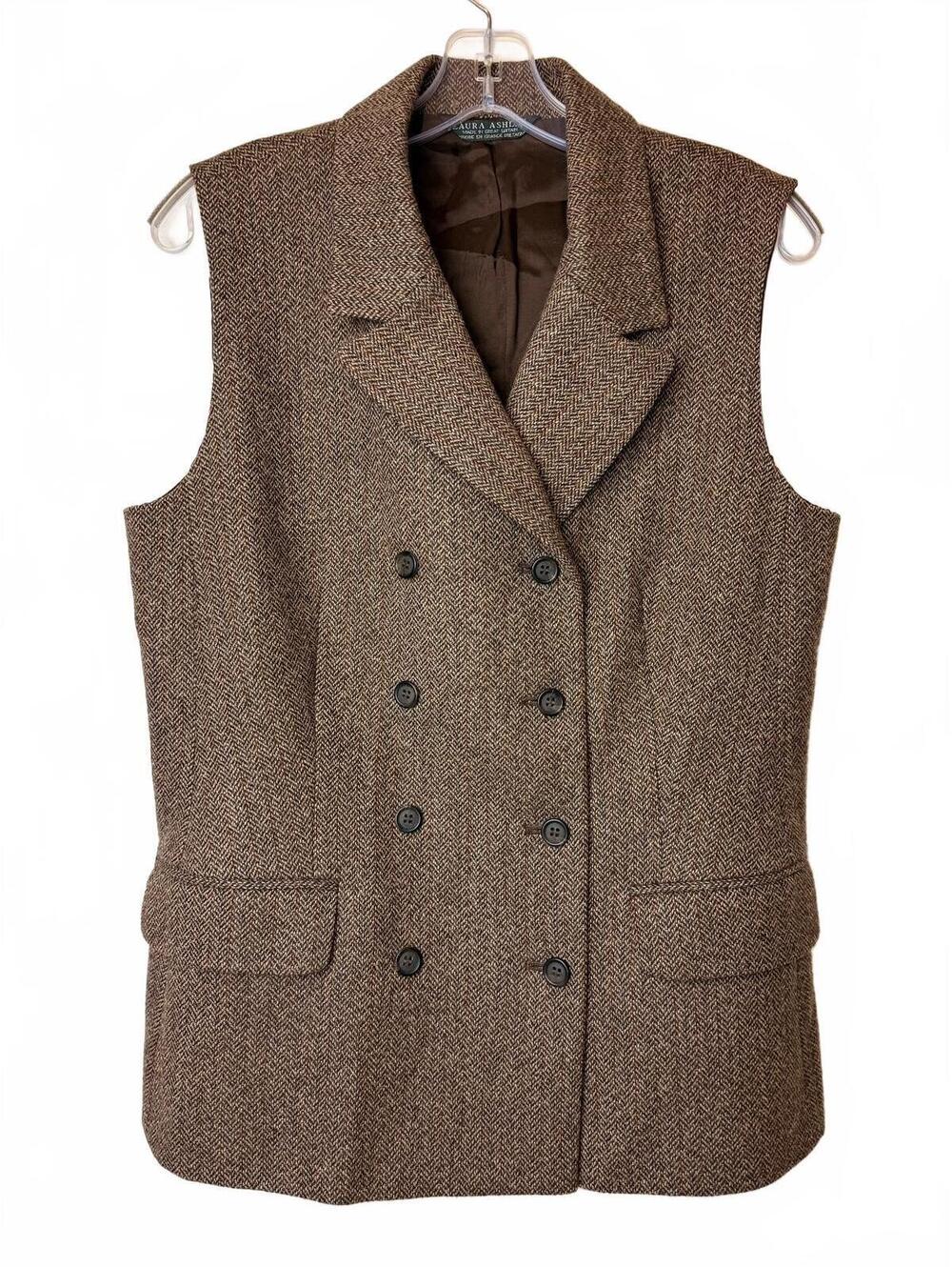 Vintage Laura Ashley 100% Wool Herringbone Double Breasted Vest (10) Made in UK